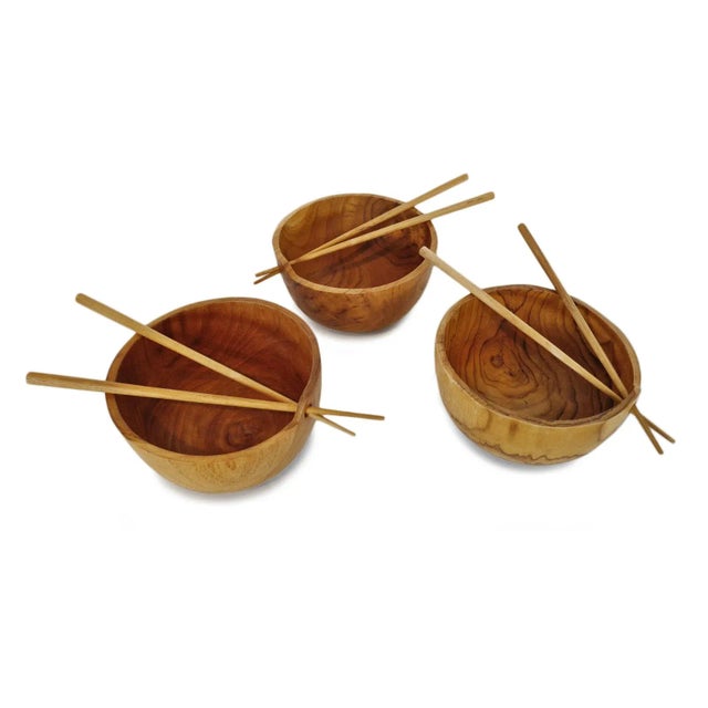 2020s Teak Bowl W/Chopsticks For Sale - Image 5 of 6