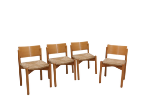 Vintage Wooden Dining Chairs with Straw Seat, 1970s, Set of 4