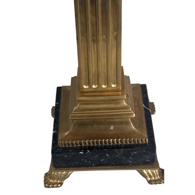 Black 1991 Neoclassical Solid Brass & Black Marble Column Table Lamp by Chapman W/ Frederick Cooper Paisley Damask Shade - 35" For Sale - Image 8 of 17