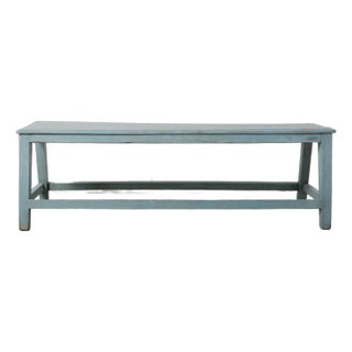 Vintage Blue Painted Rustic Farmhouse Wooden Bench For Sale