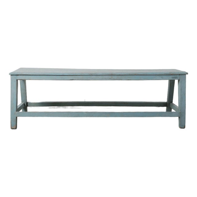 Vintage Blue Painted Rustic Farmhouse Wooden Bench For Sale