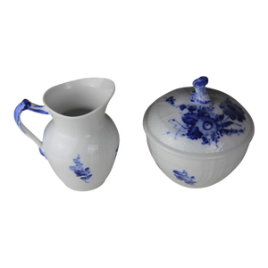 Vintage MCM Royal Copenhagen Blue Flowers Curved Large Sugar Bowl & Creamer Set