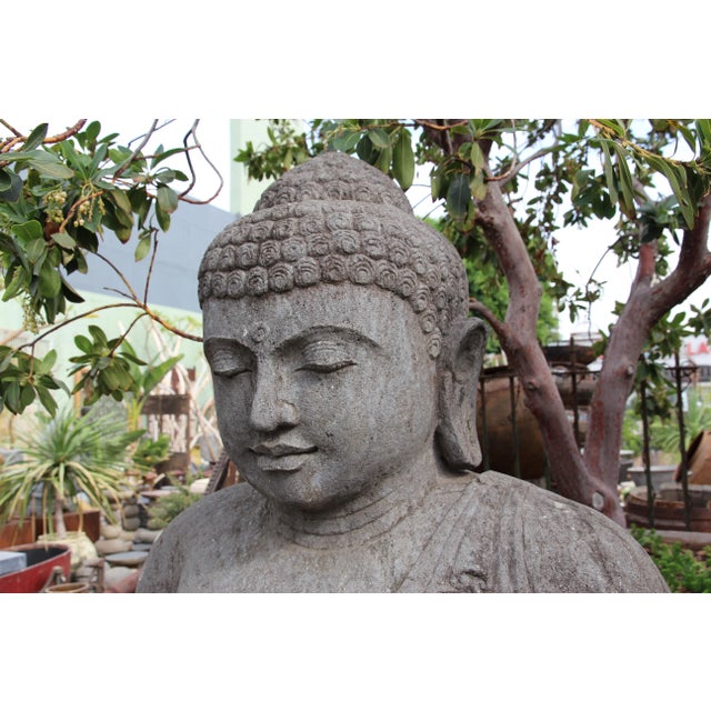 Antique Asian Balinese Stone Sitting Buddha Statue For Sale - Image 4 of 6