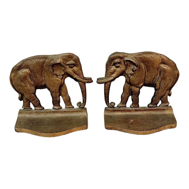 Stately Antique 1920’s Finely-Cast With Bronze Finish, ‘Mirrored’ Pair Elephant, Pachyderm Bookends For Sale
