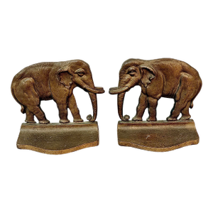 Stately Antique 1920’s Finely-Cast With Bronze Finish, ‘Mirrored’ Pair Elephant, Pachyderm Bookends