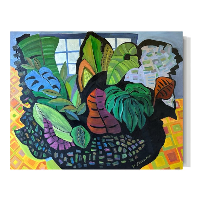 Marc Zimmerman "Jungle Bouquet" Oil Painting, Tropical Interior Still Life, Dense Botanical Arrangement, Green and Orange, Contemporary Art West Coast For Sale