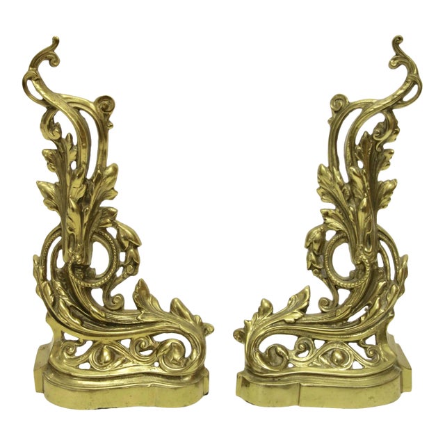 19th Century French Rococo-Style Brass Andirons, Pair For Sale
