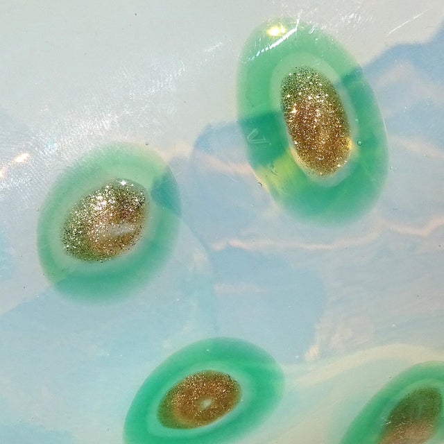 Vintage Fratelli Toso Murano Opalescent White Green Aventurine Spots Italian Art Glass Cut Rim Bowl For Sale - Image 11 of 12