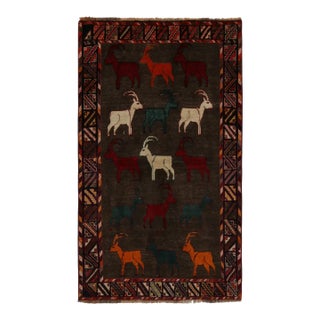 1950s Vintage Gabbeh Tribal Rug in Brown With Multicolor Ram Pictorial Patterns For Sale