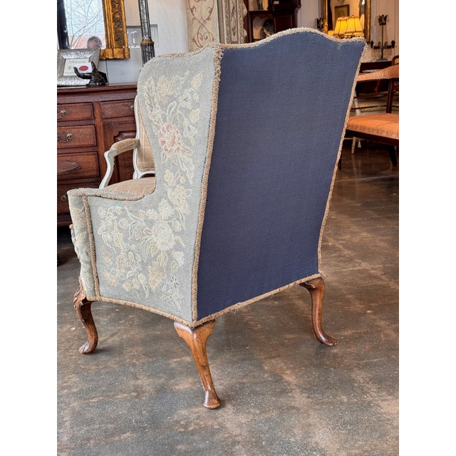 Blue 1920s Needlepoint Upholstered Wingback Chair With Carved Cabriole Legs For Sale - Image 8 of 12