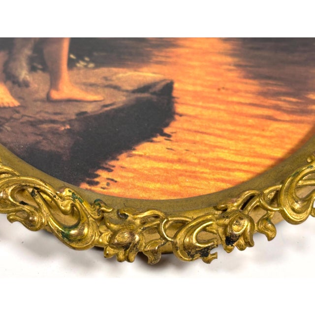 Metal Early 20th Century Art Nouveau Native American Maiden Lithograph - Gilt Oval Frame For Sale - Image 7 of 10