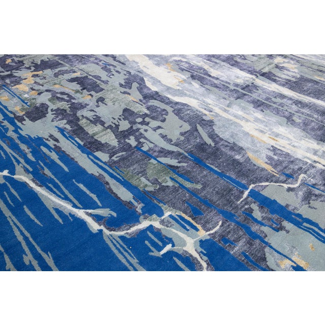 Gray 12 X 15 Blue and Gray Contemporary Wool and Silk Rug With Abstract Design For Sale - Image 8 of 10