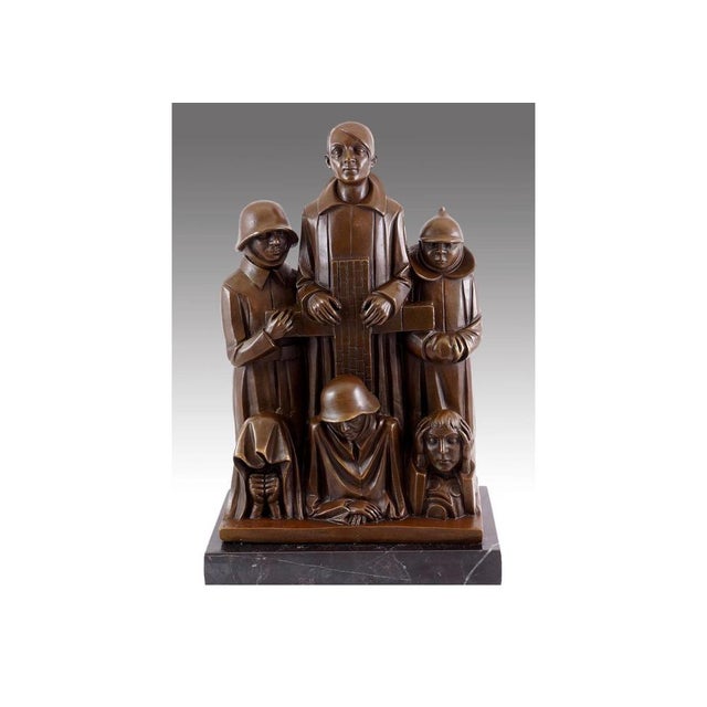 This solid bronze sculpture is a complex commemorative work featuring several figures symbolizing grief and endurance. At...