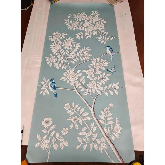 Not Yet Made - Made To Order Hand Painted Dusty Blue Chinoiserie Floral & Blue Bird Mural 3-Panel Set For Sale - Image 5 of 5