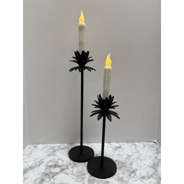 Contemporary Vintage Black Metal Pine Tree Candleholders, Set of Two For Sale - Image 3 of 8