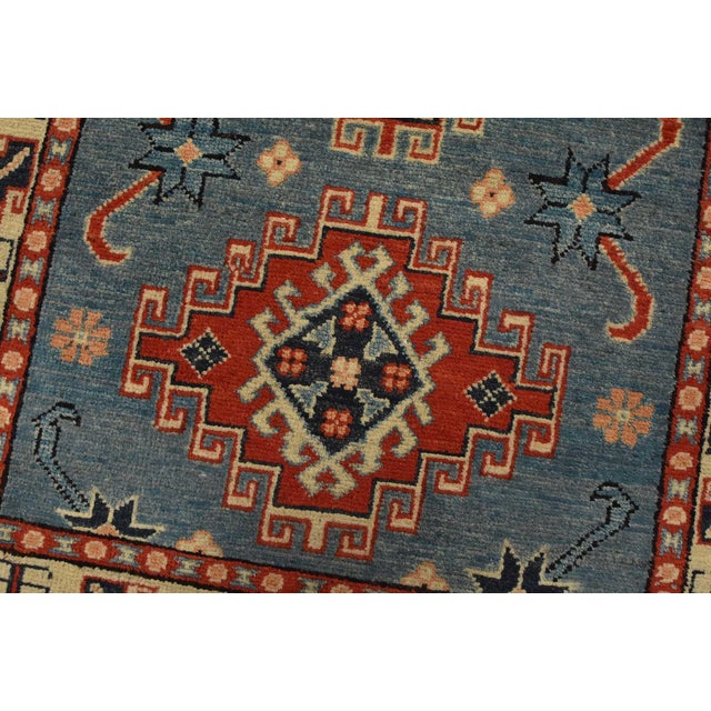 Kazak Rug 2’8” X 4′ Blue Wool Tribal Hand-Knotted Oriental Carpet For Sale - Image 4 of 10