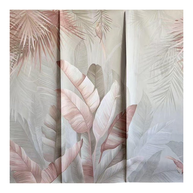 36" * H96" * 3ps,‌ Hand-Painted Nordic Style Soft Pink Banana Leaf Wall Mural, Low-Saturation Misty Tropical Plant Wall Covering For Sale