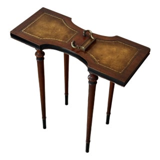 Antique 19th Century Weiman Heirloom Mahogany and Gold Tooled Leather Inlays Tea Table With Folding Brass Carry Handle For Sale