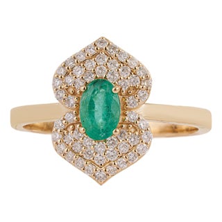 19th Revival Style Emerald Art Deco Ring With Cluster Diamonds Size 4 in 14k Gold For Sale