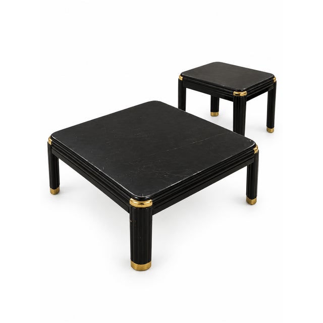 Vintage Postmodern Black Marble-Look Coffee and Side Tables With Brass Accents — Set of 2 For Sale - Image 4 of 12