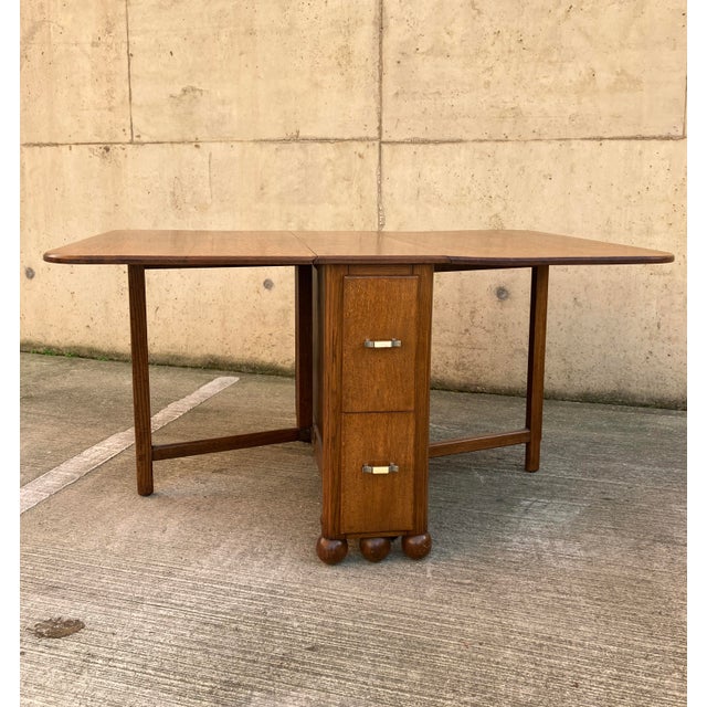Large Oak Drop Leaf Dining Table with Long Drawers, 1940s For Sale - Image 6 of 10