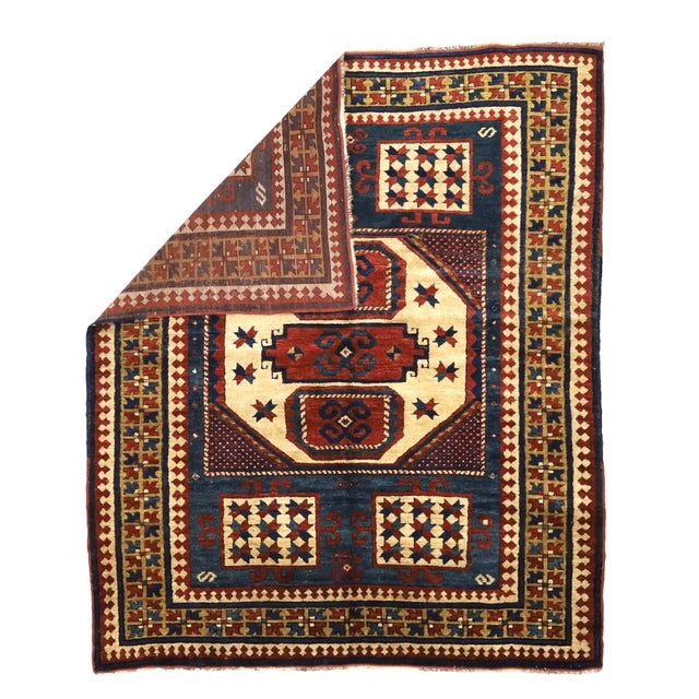 Antique Caucasian Kazak Rug 4'10" x 5’9”. SW Caucasus/Armenia. Boldly patterned, strongly colored, totally geometric, all...