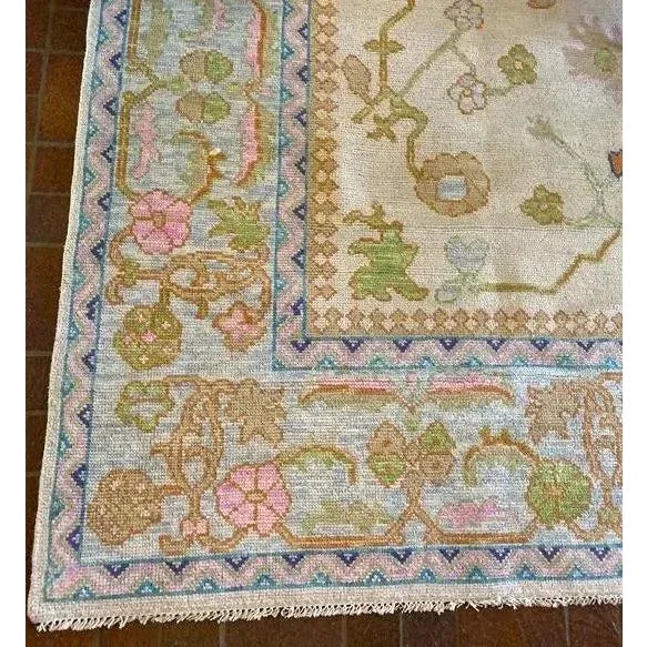 Modern Handknotted Oushak Rug in Bold Pink, Green & Orange with Blue Border, 9' x 12' For Sale - Image 10 of 10