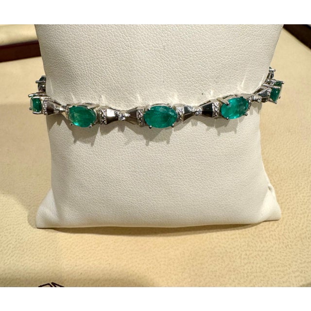 11 Carat Natural Emerald & Diamond Cocktail Tennis Bracelet 14 Karat White Gold For Sale - Image 13 of 18