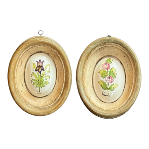 Pair of Vintage Italian Porcelain Botanical Plaques in Wood Frame