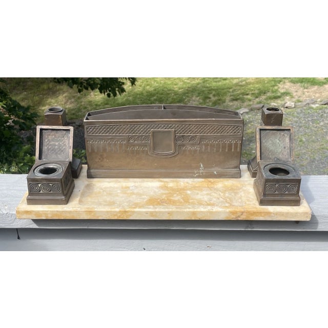 Welcome to Celestial Nonesuch For Sale Today: FINE Antique Bronze Double Inkwell on Marble Stone Art Nouveau to Arts and...