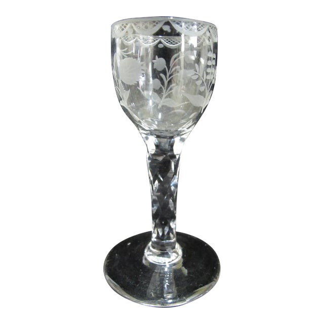 Antique 18th Century Etched Leaves & Flowers Facet Cut Wine Mead Glass Goblet For Sale