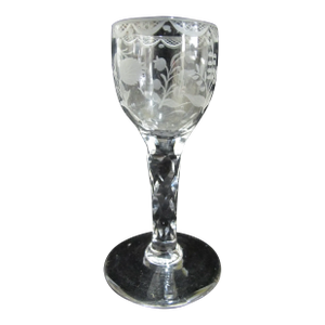 Antique 18th Century Etched Leaves & Flowers Facet Cut Wine Mead Glass Goblet