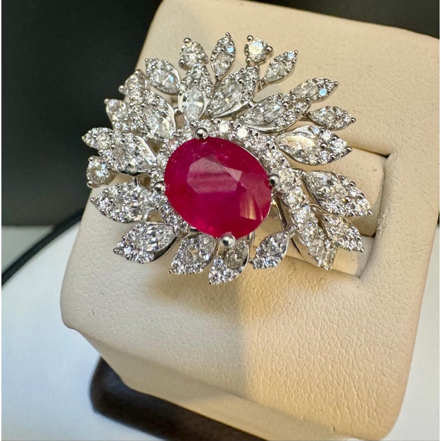 2 Carat Natural Oval Ruby and 2.5 Carat Diamond 18 Karat White Gold Ring S 5.75 For Sale - Image 9 of 18
