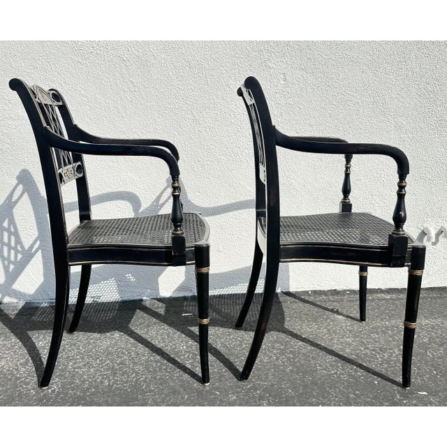 Pair of Vintage Regency-Style Ebonized and Parcel Gilt Armchairs, Circa 1980s For Sale - Image 10 of 12