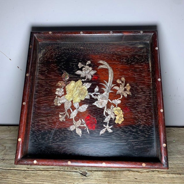 Vintage Chinese Zitan Wood Tea Tray | Mother-of-Pearl Inlaid Bird & Flower Motif For Sale - Image 4 of 9