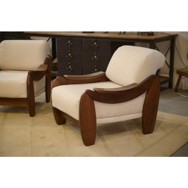 Brutalist Armchairs in Wood and Ecru Bouclé, 1970s, Set of 2 For Sale - Image 9 of 13