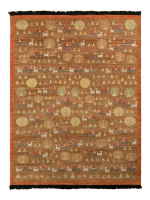 Rug & Kilim Classic Pictorial Folk Art Style Rug in Beige-Brown, Orange Border, 3x5