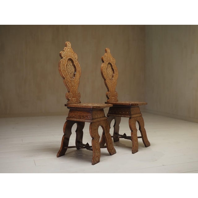 Antique North Italian Geometric Sgabello Hall Chairs, 1800s, Set of 2 For Sale - Image 4 of 13