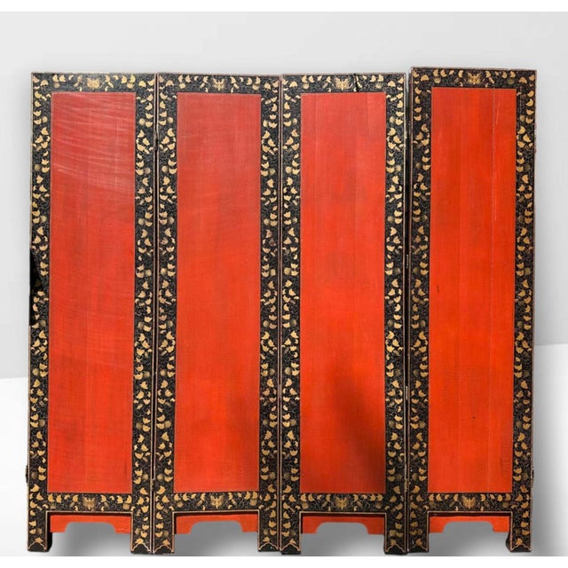 Chinoiserie Red & Gold Painted Lacquer 4 Panel Screen With