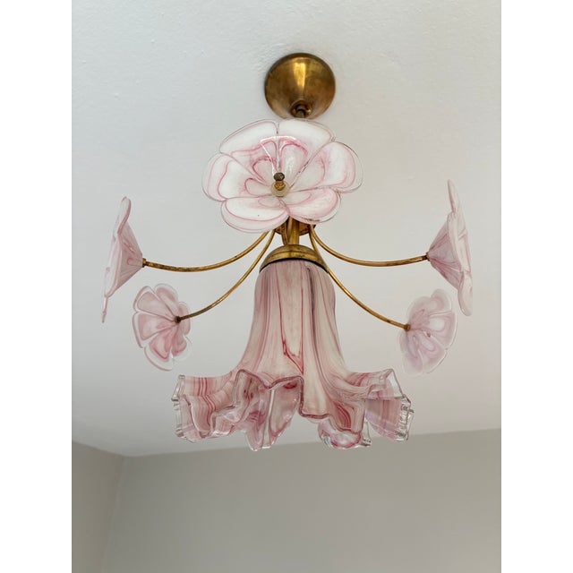 Vintage Murano Glass Ruffled Floral Pendant Light – Pink Swirl & Daisy Shades For Sale - Image 18 of 18