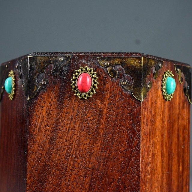 Art Deco Vintage Huali Wood Hexagonal Brush Holder, Copper Corners and Jade-Like Stones For Sale - Image 3 of 9
