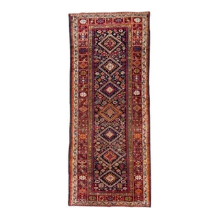 1890s Antique Wide Geometric Botanical Red & Navy Hand Knotted Wool Pile Runner Rug - 4’7” x 10’9” For Sale