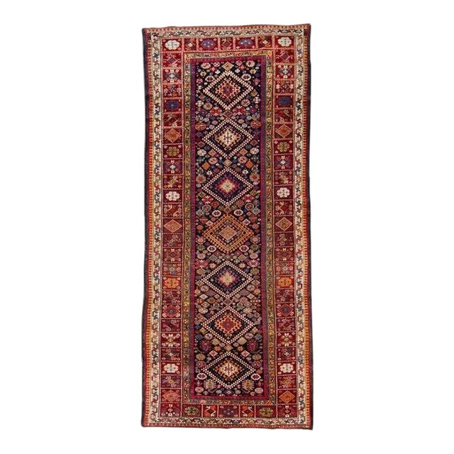 1890s Antique Wide Geometric Botanical Red & Navy Hand Knotted Wool Pile Runner Rug - 4’7” x 10’9” For Sale