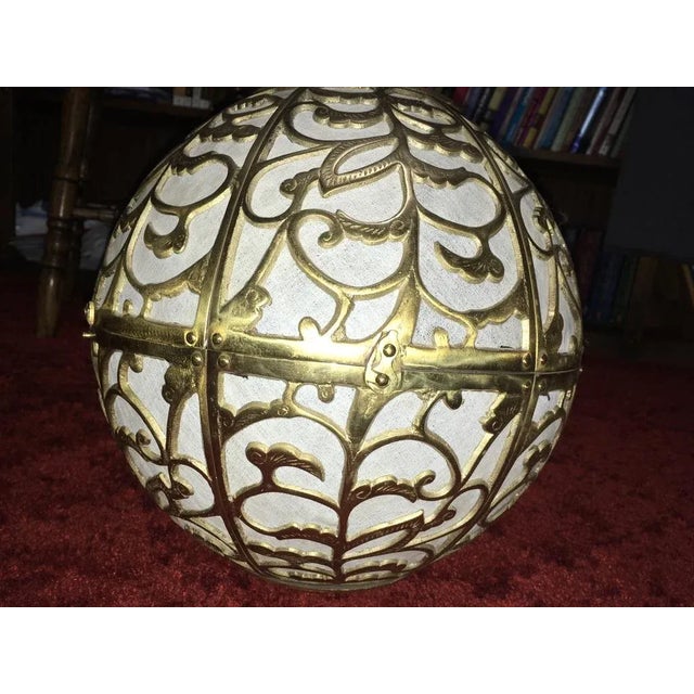 Rare Japanese Vintage Brass Hanging Karakusa Ball Lantern Light. Stunning brass scrollwork globe pendant light lined with...