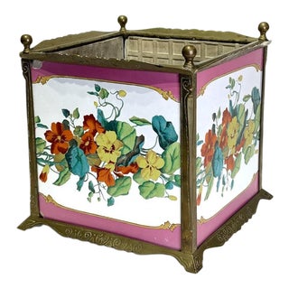 1890s Copeland Aesthetic Period Tiled Antique Planter With Multi Coloured Flowers, Bronze Frame For Sale