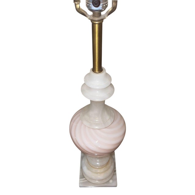 Italian Mid-20th Century Pair of Italian Pink Murano Glass & Alabaster Lamps For Sale - Image 3 of 10