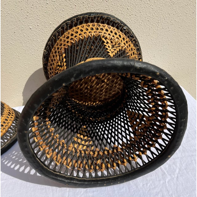 1970s Pair of Vintage Boho 1970’s Wicker and Leather Stools For Sale - Image 5 of 12