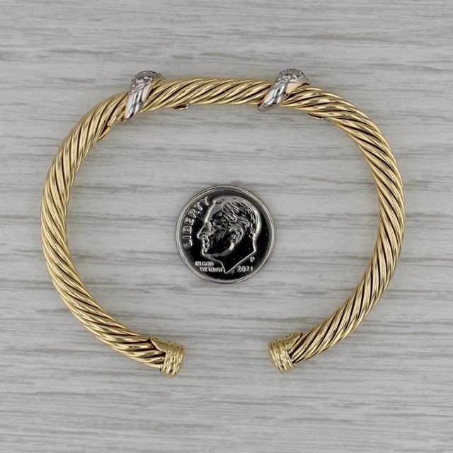 Modern David Yurman 0.30ctw Diamond Cable Cuff Bracelet 18k Yellow Gold 6" Flexible For Sale - Image 3 of 7
