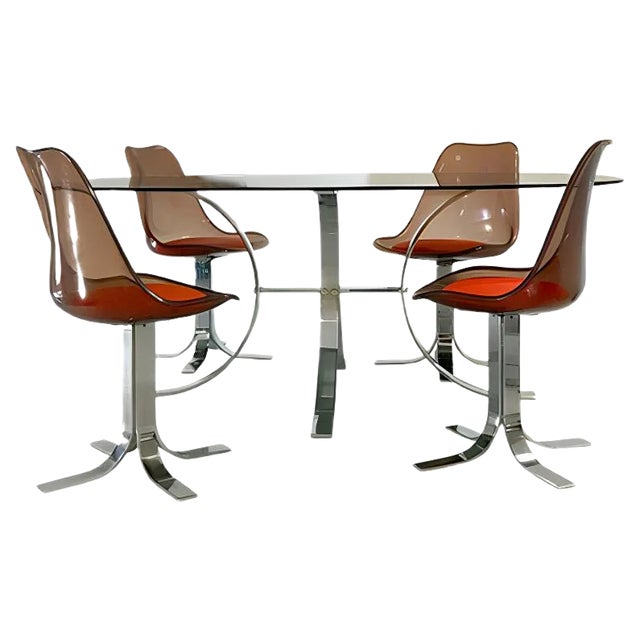 Vintage Metal, Glass, and Acrylic Glass Dining Table & Chairs Set, Set of 5 For Sale