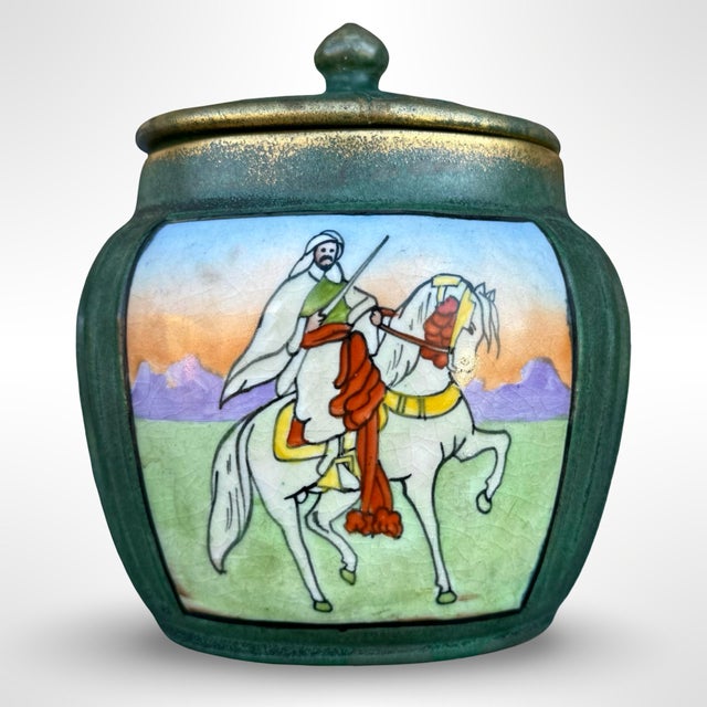 Art Nouveau Antique Teplitz Austrian Amphora Covered Jar Humidor W/ Orientalist Arabian Horseman Scene For Sale - Image 3 of 7